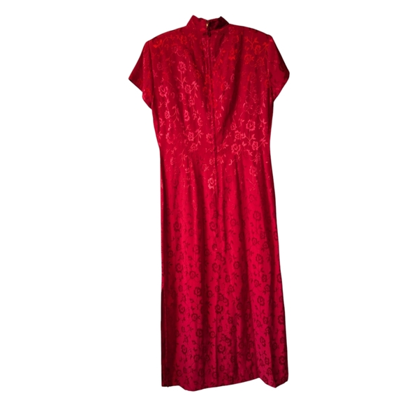 Vintage Asian Elegant Wine Red Maxi Dress 90s Y2k Jacquard Chinese Wedding Sz. 8 - Picture 6 of 13